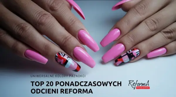 Długie, różowe, neonowe paznokcie z geometrycznymi wzorami.