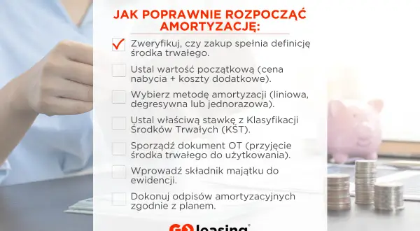 Jak rozpocząć amortyzację środków trwałych: weryfikacja, ustalenie wartości, wybór metody, stawki KST, dokument OT, ewidencja i odpisy.