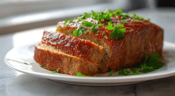Saftiger hackbraten im airfryer, glasiert mit Tomatensauce und garniert mit Petersilie. Perfekt für ein schnelles Abendessen.