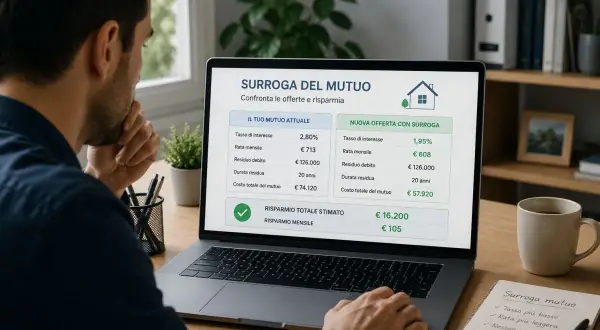 Uomo valuta su laptop la surroga mutuo dopo 6 mesi, confrontando offerte per risparmiare sulla rata mensile e sul costo totale.