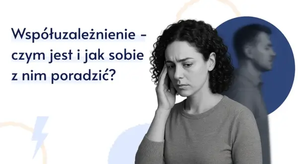Kobieta z bólem głowy, symbolizująca współuzależnienie alkoholowe. Obok niej zamazana sylwetka mężczyzny.