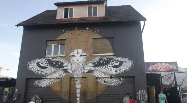 Großes Insekt-Graffiti an Hauswand in Heilbronn. Emma 23 Bar im Hintergrund.