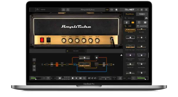 A MacBook Pro displays AmpliTube, a free amp simulator, showcasing a virtual guitar amp and effects chain.