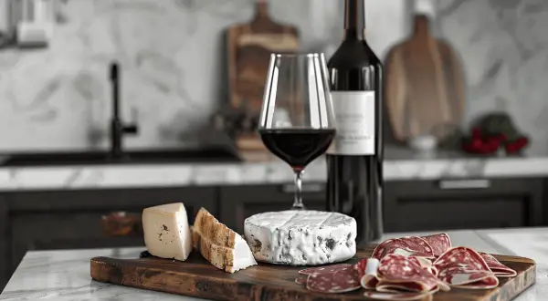 En flaska rött vin, ett glas vin och en ostbricka med brieost, salami och bröd. Perfekt för en mysig kväll.