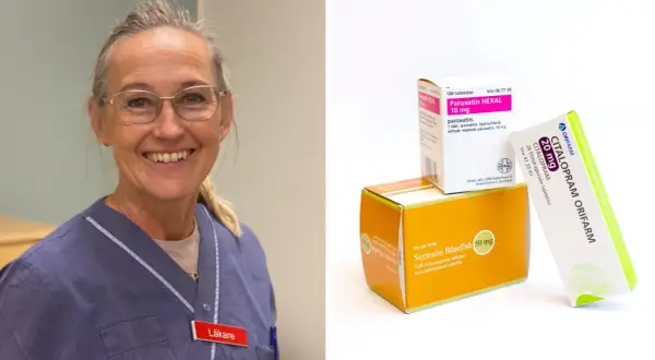Läkare ler bredvid förpackningar med sertralin och citalopram. Skillnaden mellan sertralin och citalopram är viktig för rätt behandling.