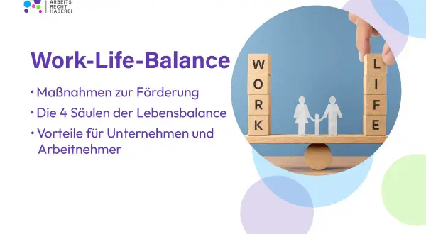 Eine Waage balanciert die Würfel "WORK" und "LIFE" mit einer Familie. Das Bild thematisiert Work-Life-Balance.