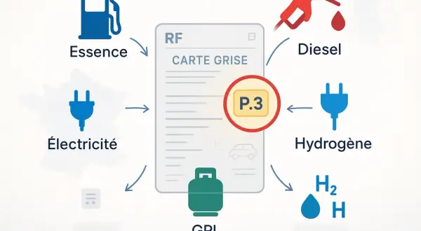 La carte grise indique le type de carburant : essence, diesel, GPL, électricité, hydrogène.