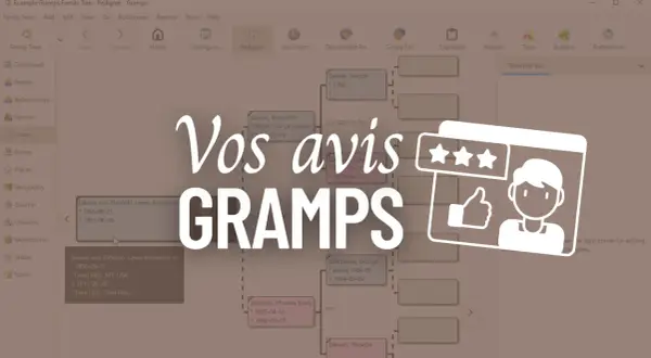 Vos avis sur Gramps, le logiciel de généalogie. L'arbre généalogique est affiché, montrant des noms et des dates.