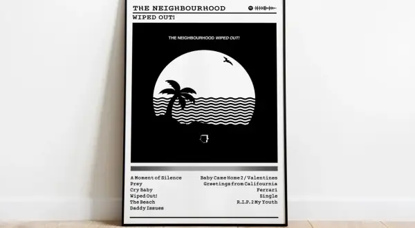 Plakat z okładką albumu "Wiped Out!" zespołu The Neighbourhood. Czarno-biała grafika przedstawia palmę na tle fal i słońca.
