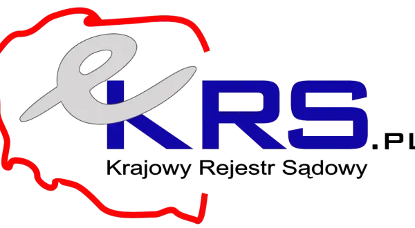 Logo KRS - Krajowy Rejestr Sądowy. Czerwony zarys Polski, szara litera "e" i niebieskie litery "KRS".