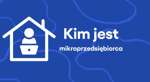 Ikona domu z sylwetką osoby przy laptopie i napisem "Kim jest mikroprzedsiębiorca".