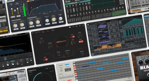 A collage of digital audio workstation interfaces, showcasing various free synth plugins and effects.