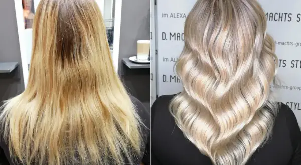 Vorher-Nachher-Vergleich: Blondierung mit Gelbstich wurde zu einem kühlen Blondton umgewandelt.
