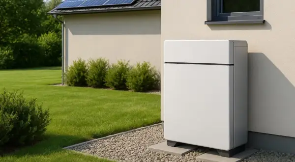 Nowoczesny magazyn energii do fotowoltaiki 10 kW stoi obok domu z panelami słonecznymi.