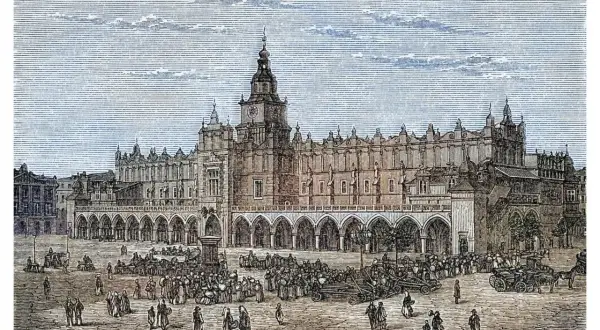 Rynek Główny w Krakowie z Sukiennicami i tłumem ludzi, ilustracja z epoki.