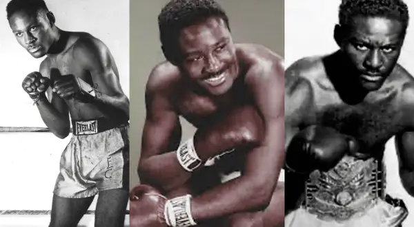 Three images of boxer Ezzard Charles. One shows him in a boxing stance, another with a wide smile, and the third wearing a championship belt.