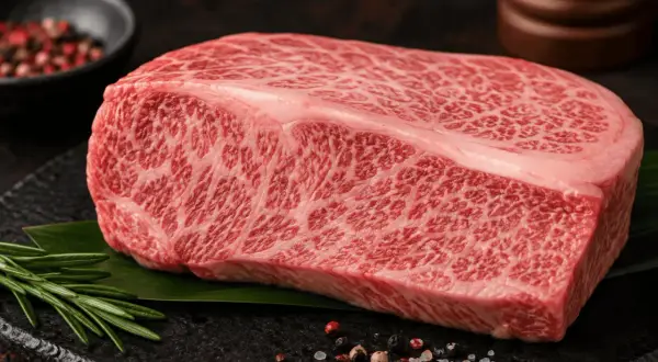En rå, marmorerad köttbit, perfekt för medium rare. Rosmarin och pepparkorn ligger bredvid.