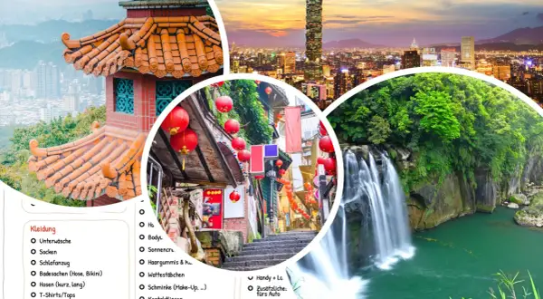 Taiwan Reisetipps: Ein traditioneller Tempel, eine belebte Gasse mit roten Laternen und ein rauschender Wasserfall. Packen Sie Kleidung, Sonnencreme und mehr ein!