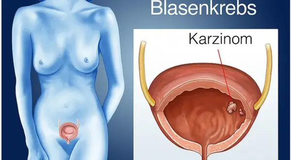 Illustration zeigt eine weibliche Figur mit einer Darstellung der Harnblase, in der ein Karzinom zu sehen ist. Dies illustriert das Urothelkarzinom der Harnblase.