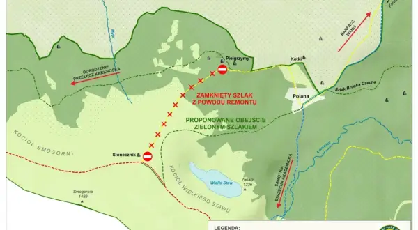 Mapa Karkonoszy z zaznaczonym zamkniętym szlakiem i propozycją objazdu. Idealna na **hiking po polsku**, ale trzeba uważać na remonty!