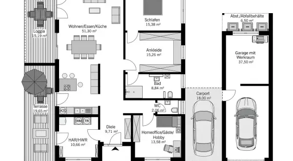 Grundriss eines 3 Zimmer Bungalows mit großzügigem Wohn-/Ess-/Küchenbereich, Schlafzimmer, Ankleide, Bad, WC, Diele, HAR/HWR, Terrasse, Loggia, Carport und Garage.