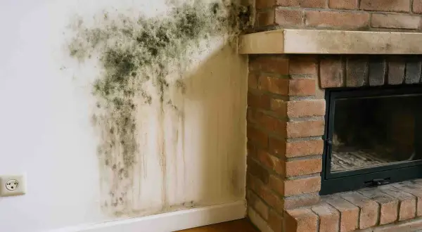 Schimmel an der Wand neben dem Kamin, ein Zeichen für Kondenswasser im Kamin vermeiden.