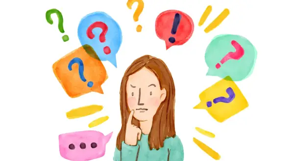 Een meisje denkt na, omringd door vraagtekens en uitroeptekens. Ze zoekt antwoorden, een proces dat bij omgaan met hooggevoeligheid soms lastig kan zijn.