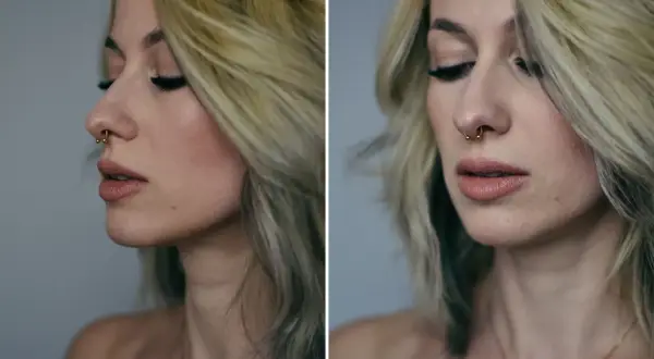 Kobieta z blond włosami i złotym kółkiem w nosie, czyli septum.