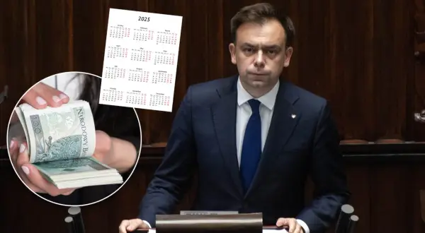 Mężczyzna w garniturze, stos banknotów i kalendarz 2025.