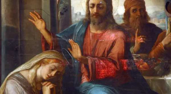 Maria Magdalena, u stóp Jezusa, symbolizuje oddanie i wiarę. Obraz ukazuje jej pokorę i miłość.