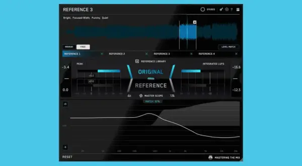 Audio mastering software interface showing the "Reference 3" plugin with waveform, meters, and frequency graph.