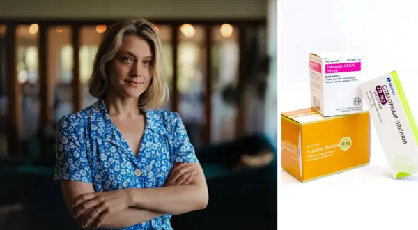 Kvinna i blå blommig klänning bredvid lådor med antidepressiva mediciner som sertralin och paroxetin, alternativ till Brintellix SSRI.