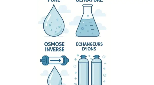 Illustration comparant l'eau pure, l'eau ultrapure, l'osmose inverse et les échangeurs d'ions. Comprendre la différence eau osmosée et déminéralisée.