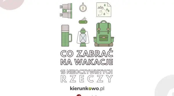Co zabrać na wakacje? Ilustracja przedstawia plecak, lornetkę, termos, latarkę, kompas i mapę.