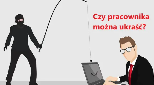 Złodziej w masce próbuje "ukraść" pracownika, który pracuje przy laptopie. Ilustracja symbolizuje nieuczciwą konkurencję i podkradanie talentów.