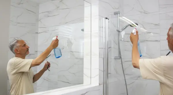 Un homme nettoie la porte de douche en verre pour enlever le calcaire.
