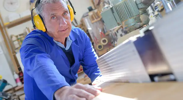 Ein Mann in Schutzkleidung arbeitet an einer Holzbearbeitungsmaschine. Seine Erfahrung im Handwerk spiegelt sich in seinen **altersteilzeit erfahrungsberichte** wider.