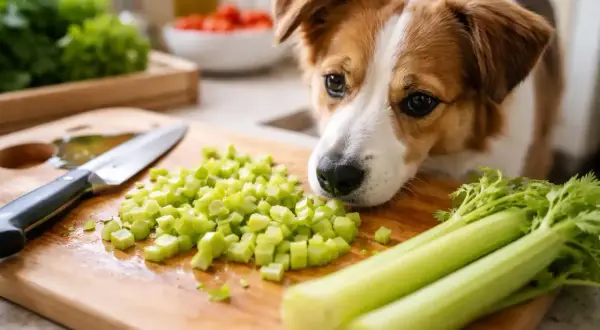 A curious dog sniffs chopped celery on a cutting board, wondering if dogs can eat celery raw.