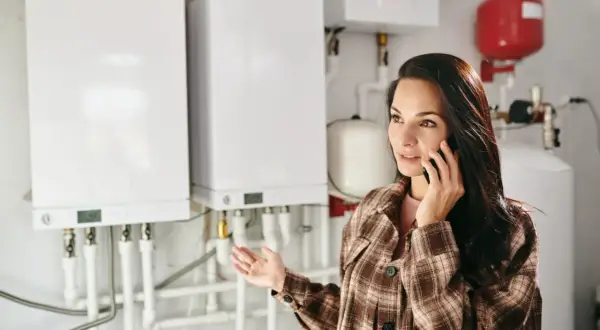 Kobieta rozmawia przez telefon, pytając jaki piec gazowy do mieszkania 70m2. W tle wiszą białe kotły gazowe.