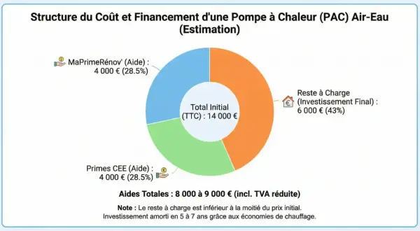 Structure du coût d'une PAC Air-Eau : 14 000€ TTC. Aides : 8 000-9 000€. Reste à charge : 6 000€. Le coût remplacement chaudière fioul par pompe à chaleur est amorti.