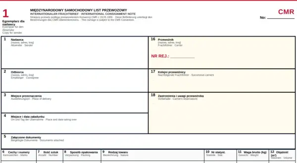 Międzynarodowy list przewozowy CMR z polami do wypełnienia danych nadawcy, odbiorcy, przewoźnika i szczegółów przesyłki.