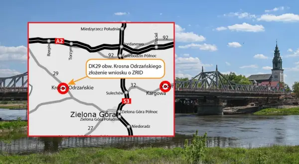 Mapa drogowa z zaznaczonym Krosnem Odrzańskim i informacją o DK29. Obok most w budowie i wieża kościelna. Sprawdź krosno odrzańskie pogoda na 10 dni.