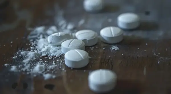 Białe tabletki, niektóre pokruszone, leżą na drewnianym blacie. To niebezpieczny fentanyl narkotyk.