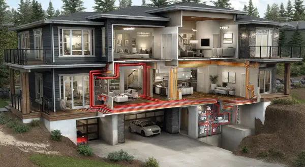 Genomskärning av ett modernt hus som visar ventilationssystemet med röd och orange utgående luft som distribueras genom väggar och golv.