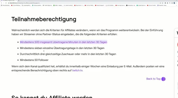 Um twitch affiliate werden zu können, brauchst du 500 Minuten Streaming, 7 Streams, 3 Zuschauer und 50 Follower in 30 Tagen.