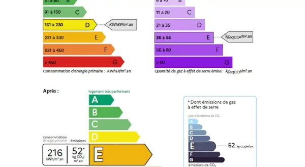 Comparaison DPE avant/après. Le calcul DPE chauffage bois montre une amélioration significative, passant de la classe D à la classe E.