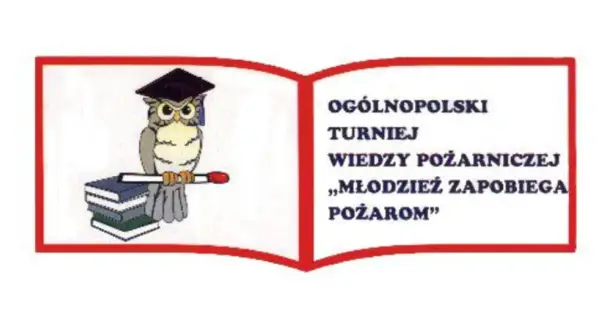 Sowa w czapce absolwenta trzyma znicz, siedząc na stosie książek. Logo Ogólnopolskiego Turnieju Wiedzy Pożarniczej "Młodzież Zapobiega Pożarom".