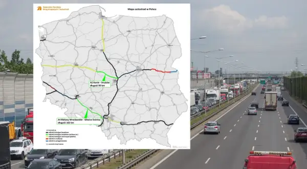 Mapa autostrad w Polsce z zaznaczonymi odcinkami A2 (99 km) i A4 (162 km). W tle korek na autostradzie.