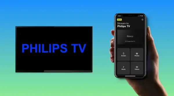Użyj aplikacji na telefonie do klonowania ekranu na telewizor Philips. Wyświetla opcje Screen, Photos, Music, Videos.
