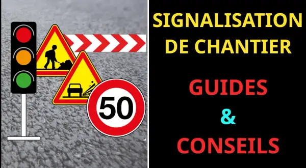 Signalisation de chantier : feux, panneaux de danger, limitation de vitesse 50, barrière. Respectez la loi de roulage.